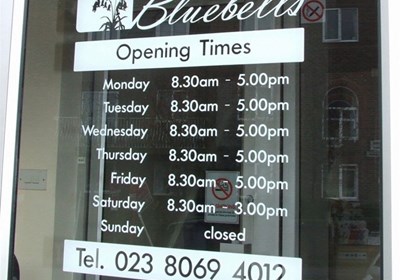 Shop Signs Bluebells Opening Times In Cut Vinyl Graphics Southampton