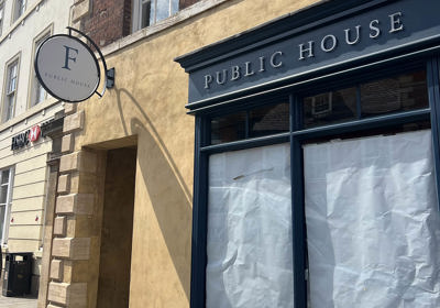 Fletchers Public House acrylic lettering fascia sign with projected round sign 