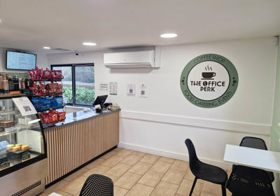 Wall graphic logo at The Office Perk coffee shop in Peterborough