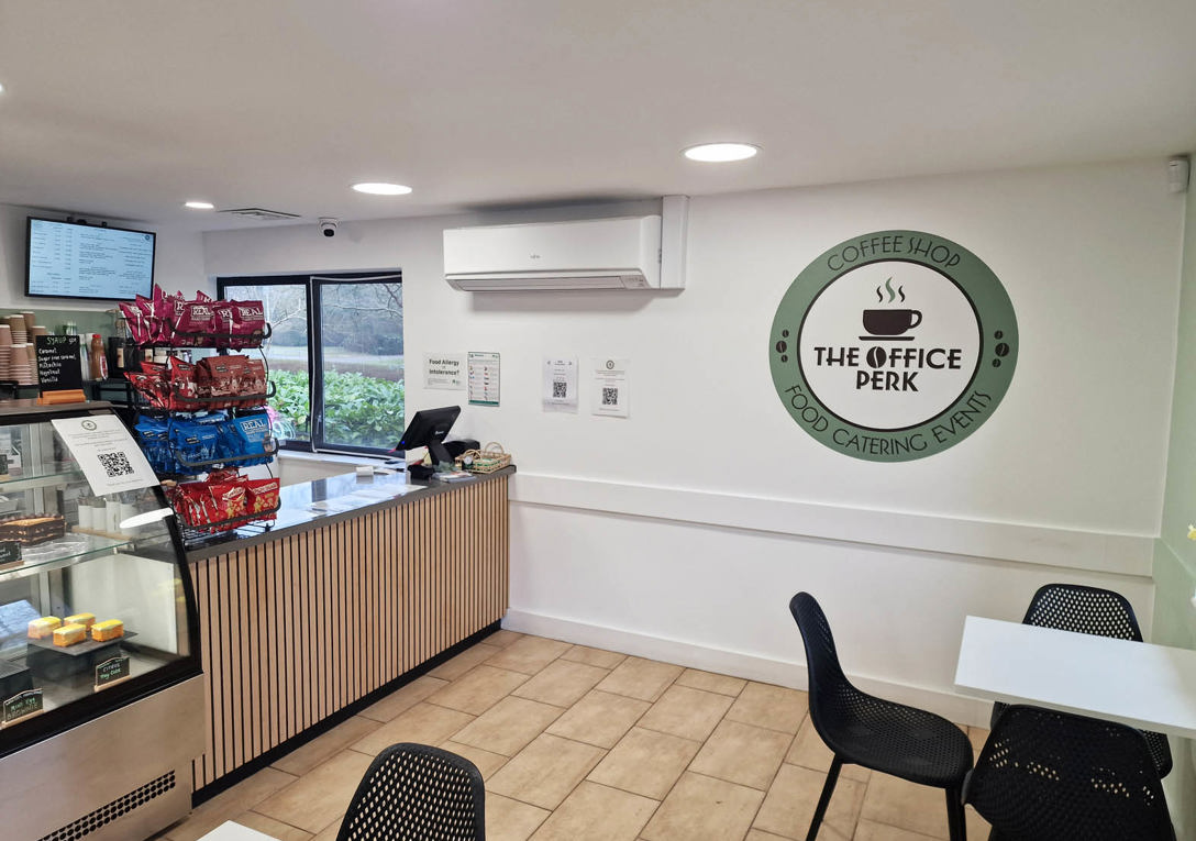 Wall graphic logo at The Office Perk coffee shop in Peterborough
