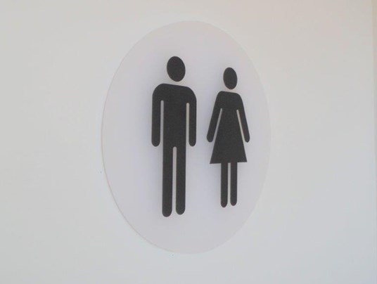 Interior Door Signs White Polar Acrylic Disc With Matt Black Male/Female Symbols For Kastner Volvo, Exeter