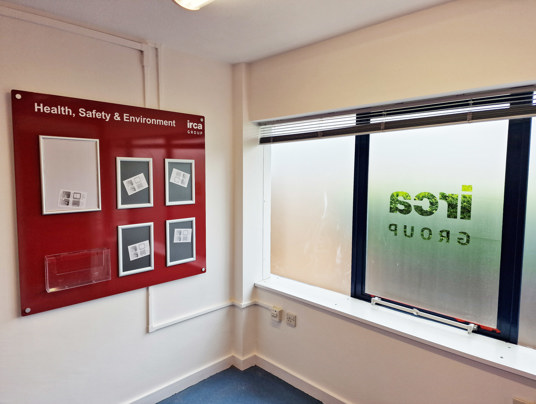 Health and Safety board for Irca Group with document poster snaps and acrylic document holder