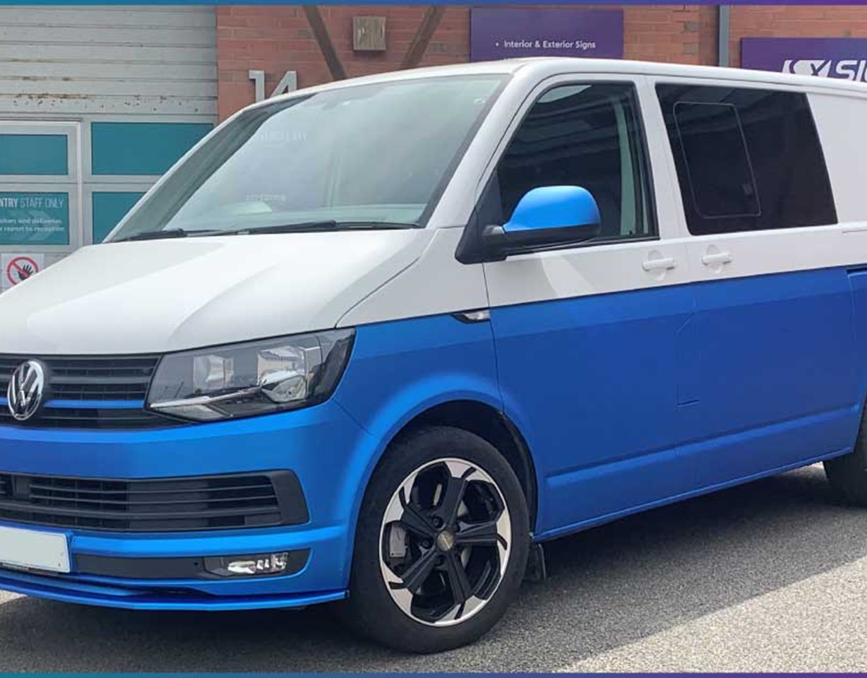 VW Transporter half wrap in blue plymouth