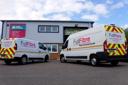 Chapter 8 Livery, Rear Prismatic Chevrons, 50MM Prismatic Conspicuity Tape To Vehicle Sides And Reflective Door Lozenges On A Renault Trafic and Citroen Relay for Full Fibre, Exeter