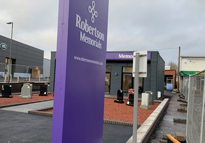 Robertson Memorials UK wide, Totem sign with aperture cut push through text & logo with LED illumination