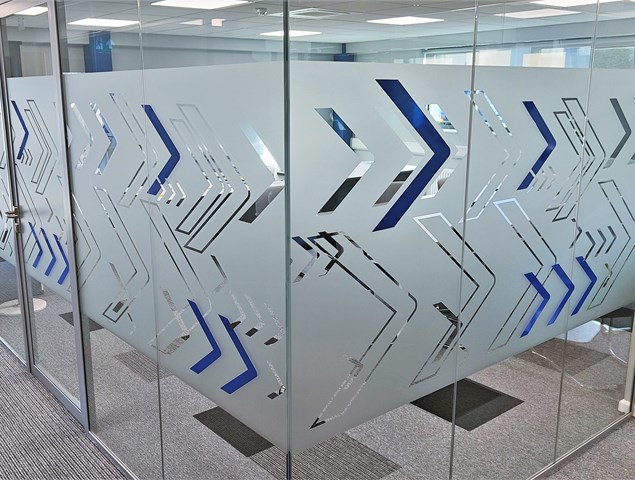 Interior Office Window Etch with Coloured Vinyl Logo Graphics for Ventro Group in Plymouth