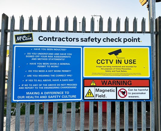 Site safety sign for McCain Foods