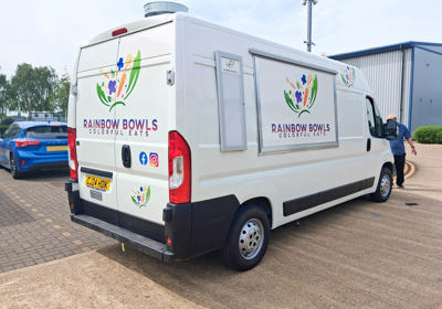 Rainbow Bowls Catering van wrap with iridescent white vinyl and colourful branding