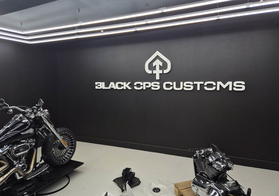 Black Ops Customs wall sign with built up letters
