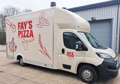 Fays Pizza Catering van wrapped in cream vinyl and red branding