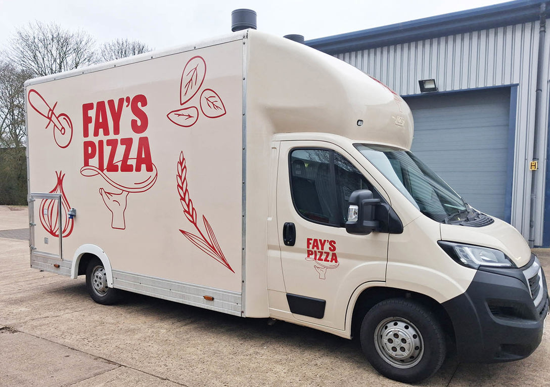 Fays Pizza Catering van wrapped in cream vinyl and red branding