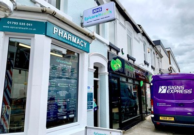 Epicare Pharmacy Sign With Flat Cut White Acrylic Letters (Swindon)