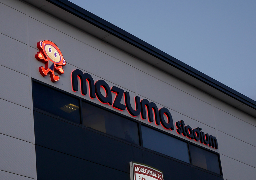 Illuminated built up lettering for the Mazuma Stadium Morecambe FC