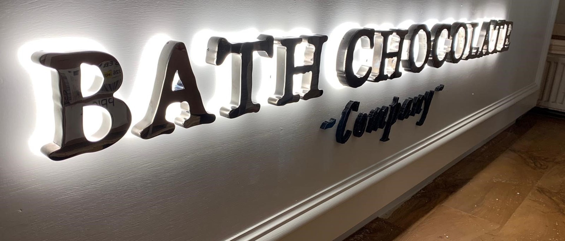 Halo Illuminated Stainless Steel Built Up Letters Bath Chocolate Company