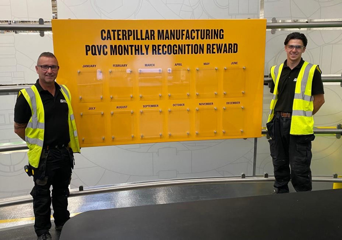 Reward board for Caterpillar Manufacturing department with acrylic displays