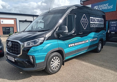 Printed van graphics with company branding and a striking wave for Rutland Drainage