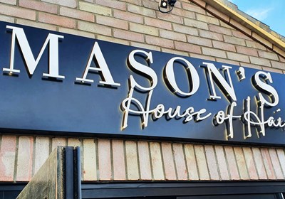  Mason's House of Hair shopfront sign with acrylic logo onto a black aluminium tray