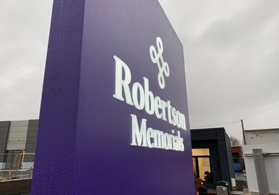 Robertson Memorials UK wide, Totem sign with aperture cut push through text & logo with LED illumination