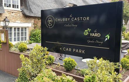 Gloss black finish aluminium post and panel sign for The Chubby Castor