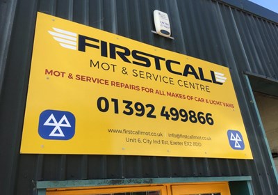 Outdoor Business Signs Sign Panel With A Gloss Laminated Digital Print For Firstcall MOT & Service Centre, Exeter