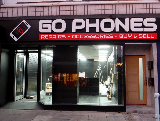 Shop Fascia For Go Phones, Exmouth. With Built up stainless steel letters, acrylic stand off letters and acrylic "mobile phone" logo, By Signs Express (Exeter)