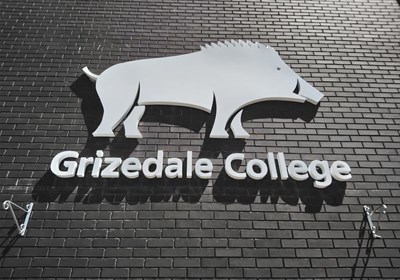 Built up Boar logo with Grizedale College lettering powder coated gloss white