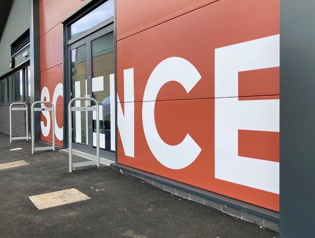 Education External Signs White Vinyl Text Applied To The Front Of The New Science Block At Teign School